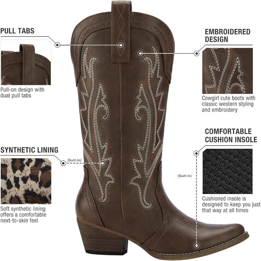 Women Brown 1 Cowgirl Comfortable Western Pointed Toe Stitched Embroidery Boots - Picture 5 of 6